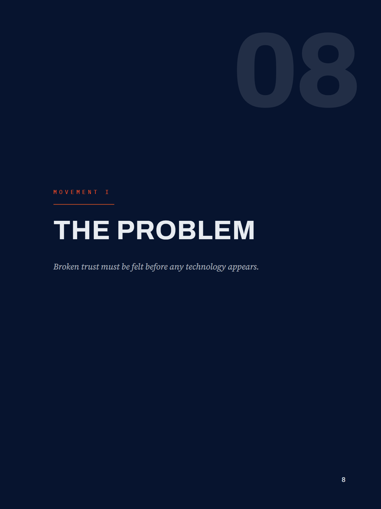 Page 8 of the Founders Edition: Movement I, opening — The Problem