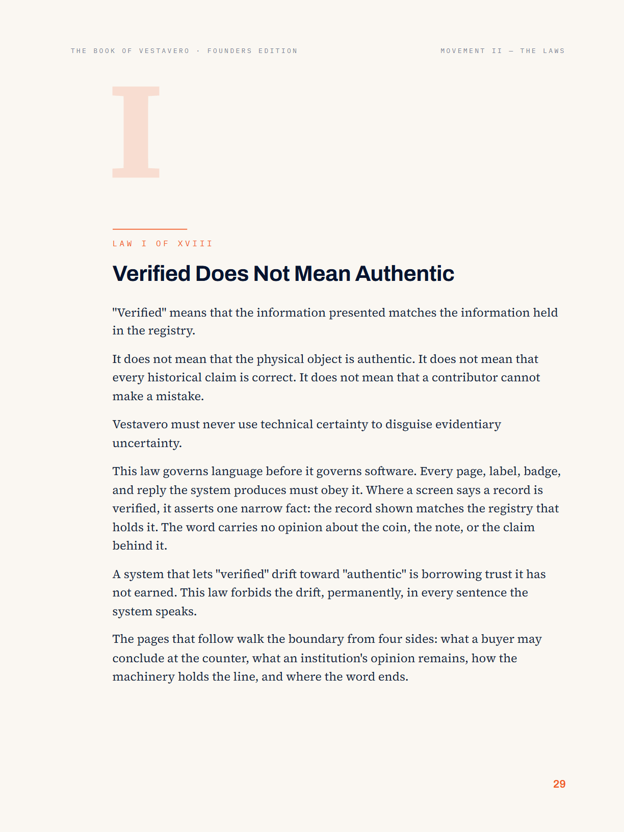 Page 29 of the Founders Edition: Law I — Verified Does Not Mean Authentic