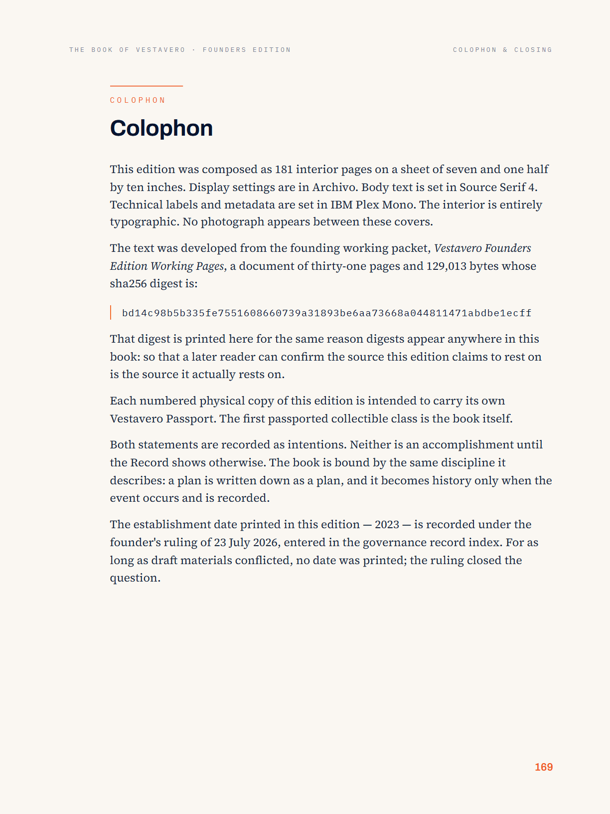 Page 169 of the Founders Edition: Colophon — how this edition is made and proven