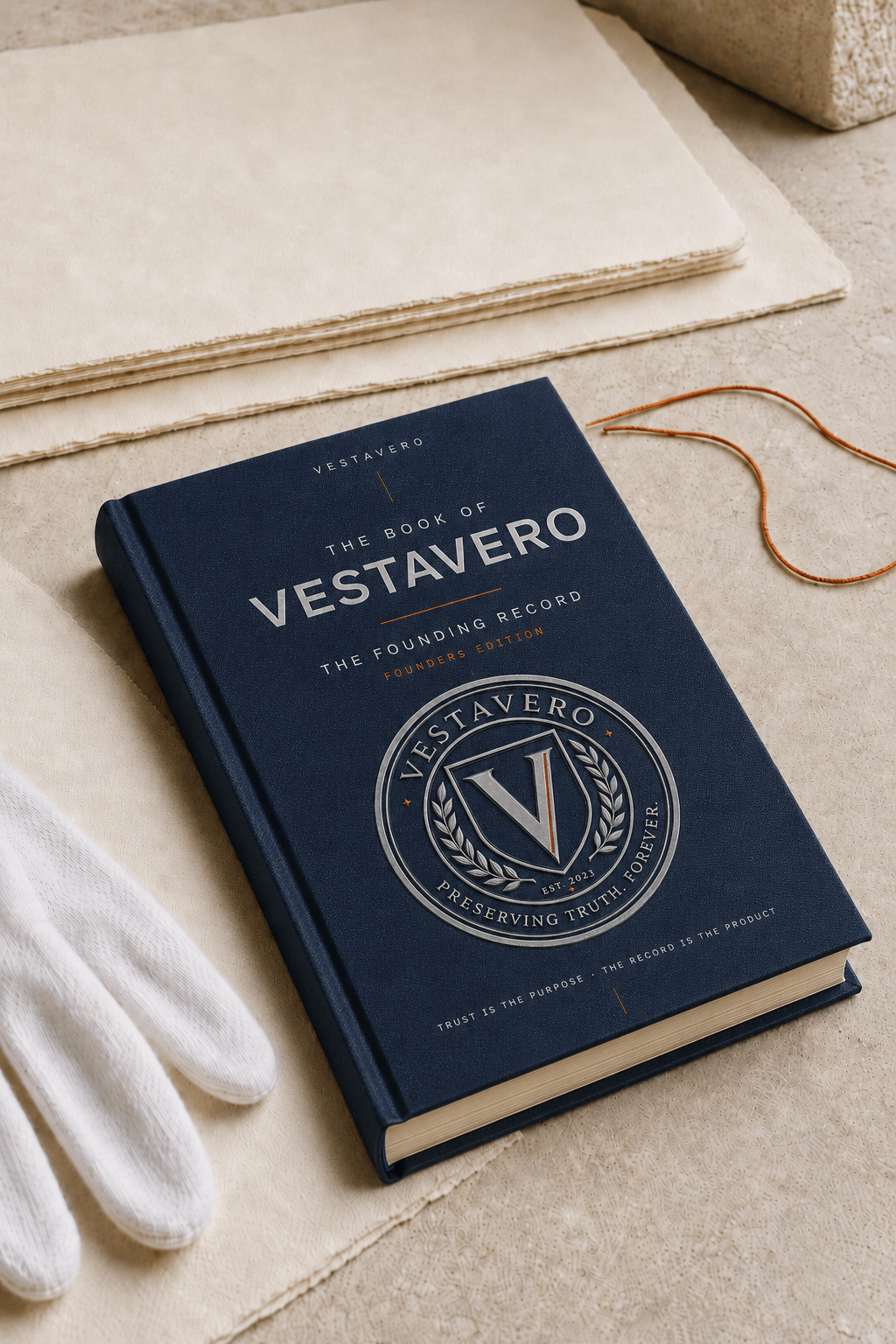 The Book of Vestavero Founders Edition, a navy archival hardcover bearing the Vestavero Institutional Seal, displayed on a conservation worktable.