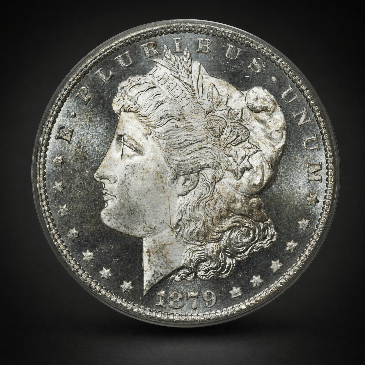 Obverse of the 1879-S Morgan Dollar, Deep Mirror Prooflike