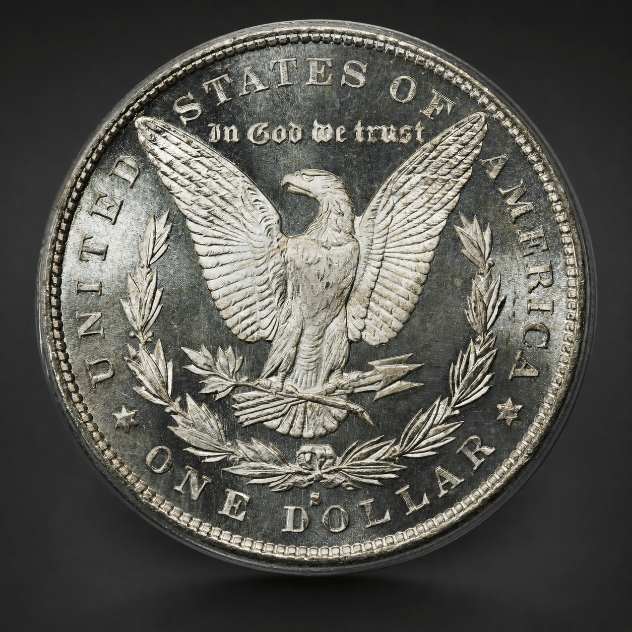 Reverse of the 1879-S Morgan Dollar, Deep Mirror Prooflike